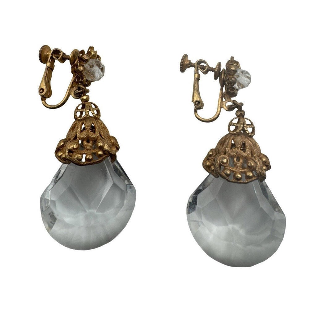 Miriam Haskell Vintage Gold Tone Crystal Drop Earrings